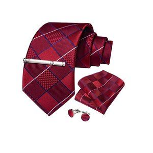 Men's Silk Tie + Pocket Square + Cufflinks + Tie Clip 4 Piece Set